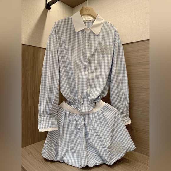 Meet the Posher Pants - Miu Miu blouse + mid-length skirt set